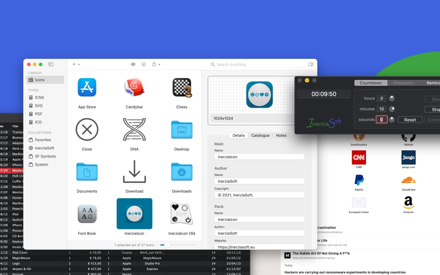 Several screenshots of InerziaSoft applications running on macOS over a blue and green background.