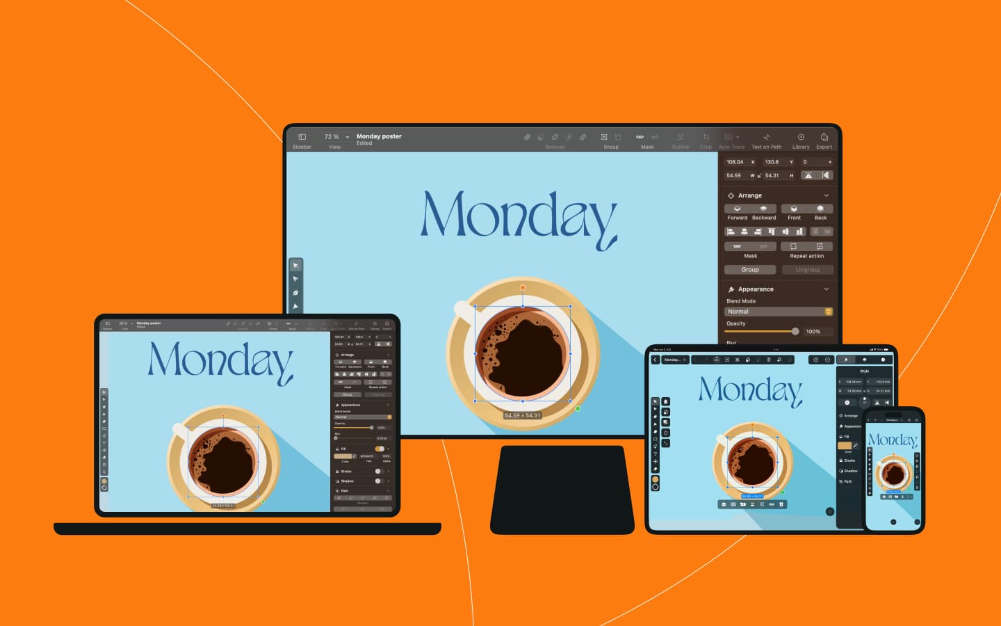 The Linearity suite running on a variety of devices over an orange background.